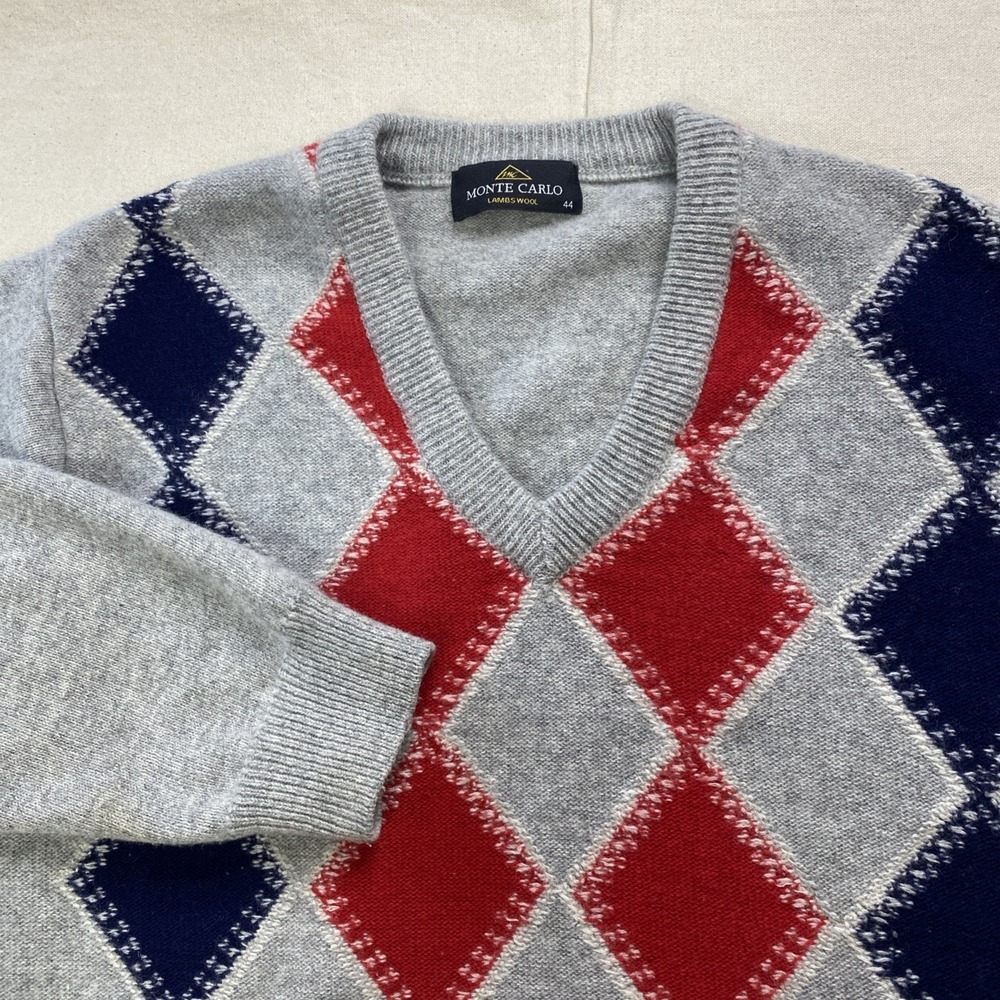 Monte Carlo Vintage Magna Wool Sweater Gray Argyle Style Size 44 Shrink Resist